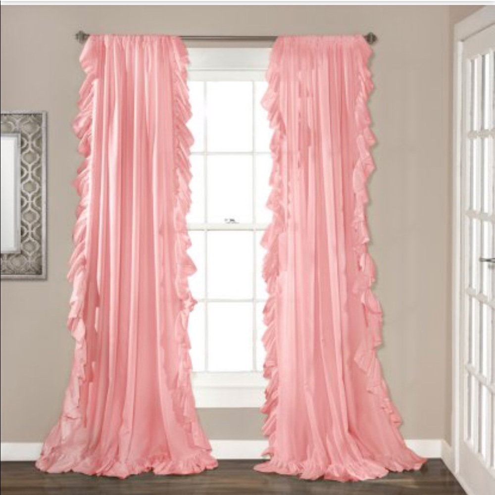 2 curtain panels 54W x 84H pink ruffles.